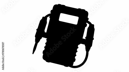 Silhouette of a portable electrical testing device with probes and display panel on a white background