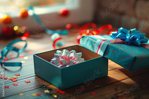 an open empty gift box on a wooden table, colorful wrapping paper and ribbons scattered around, soft natural light from a window, cozy warm atmosphere