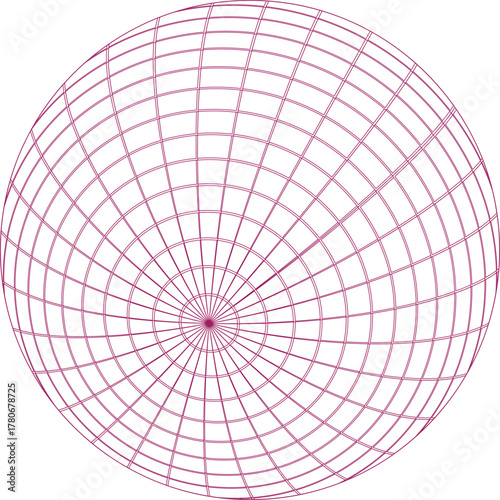 Abstract spherical grid pattern with radiating lines and concentric circles on a white background
