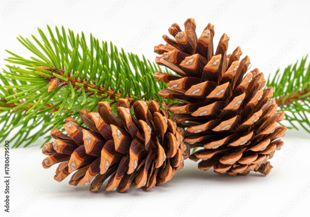 Fototapeta premium Brown pinecones with a rough natural texture resting on a fresh green pine branch isolated on transparent background
