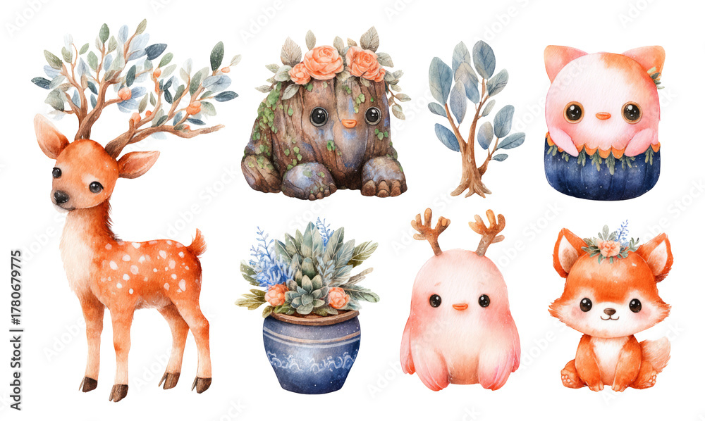 Naklejka premium Whimsical Watercolor Animals and Floral Designs in Soft Pastel Colors