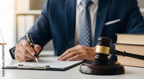 Lawyer or Businessman Signing Document with Gavel and Books – Close Up