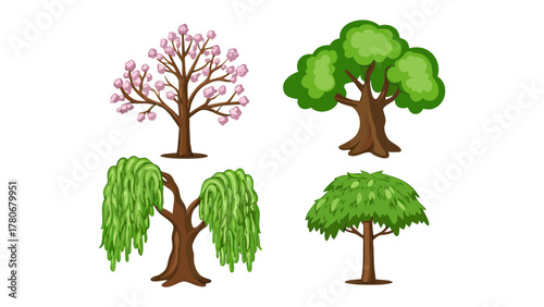 Diverse Tree Collection: A vibrant collection of various tree illustrations, each showcasing unique characteristics, from the delicate blooms to the weeping silhouette.