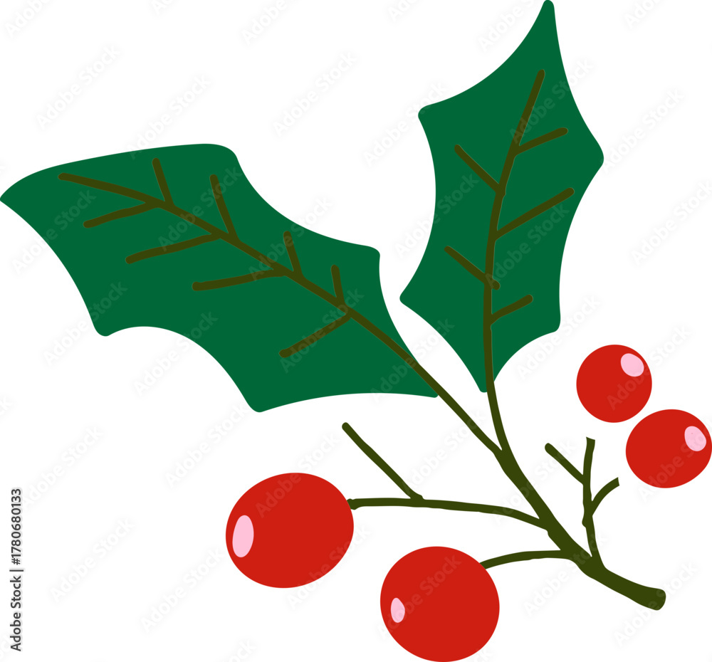 Fototapeta premium Holly berry icons, Chritmas logo wirh holly berries.Christmas holly berry flat vector illustration icons ,Cartoon holly leaves and berries.A simple illustration of holly leaves and berries