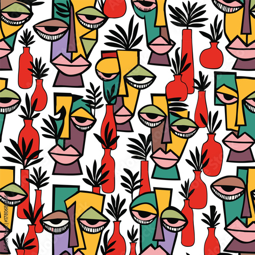 Unleash bold creativity! This vibrant, seamless pattern blends abstract cubist faces and botanicals in a riot of color. A unique, modern art design that demands to be seen. Unforgettable.