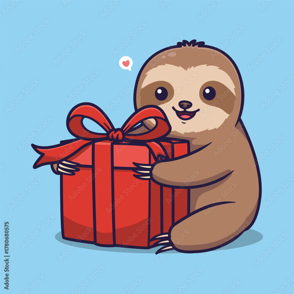 Fototapeta premium Cute Sloth Hugging Red Gift Box with Heart Bubble – Whimsical Vector Illustration for Holiday and Celebration Themes