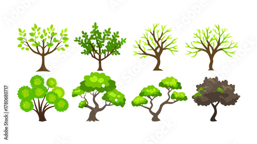 Collection of Trees in Various Forms: A diverse array of trees showcased, each representing a different form, from leafy giants to whimsical small shrubs.