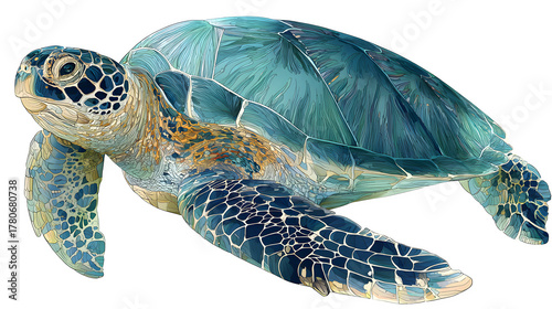 sea turtle illustration in shades of green and blue, isolated on white background