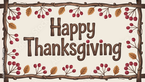 Happy thanksgiving greeting with a rustic border of branches and red berries and autumn leaves