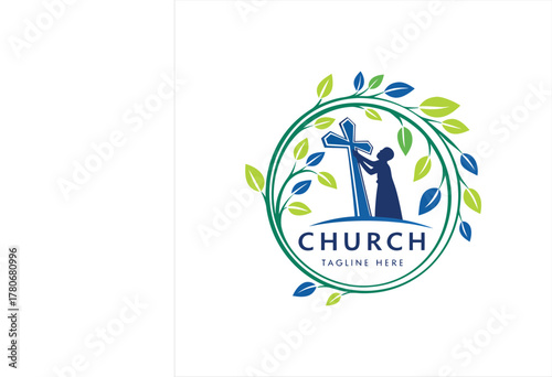 Modern Church Logo Design with Cross and Worship Silhouette in Green Leaf Circle