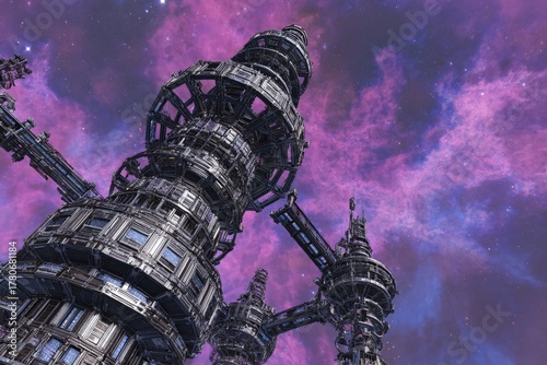 Fototapeta Naklejka Na Ścianę i Meble -  Futuristic Space Tower In Cosmic Nebula