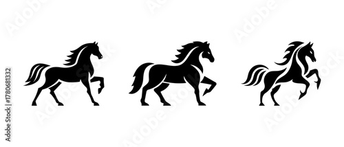 Horse silhouette icons: bold vector set for zodiac and New Year 2026 designs. Set of elegant horse silhouettes in motion, walking and running poses. 