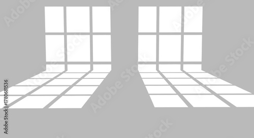 Abstract interior scene featuring light play through paneled windows casting shadow patterns on a