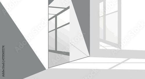 Minimalistic interior scene featuring geometric shadows and window light, creating a calm atmosphere