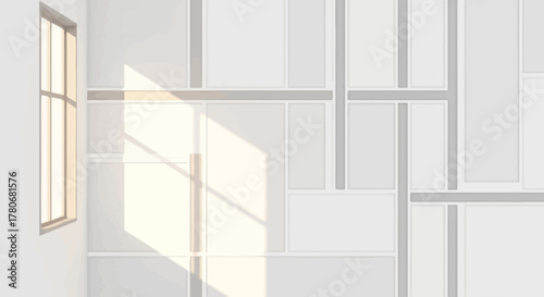 Serene architectural space with geometric paneling and diffused window light creating soft ambiance