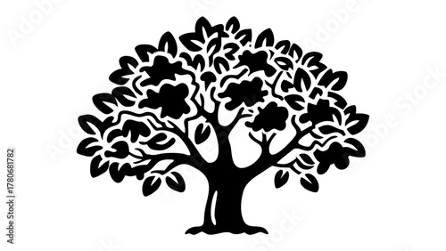 Majestic Silhouette: A stark silhouette of a towering tree, its intricate branches reaching skyward, its lush foliage adding to the allure, conveying both the raw power and gentle beauty of nature.