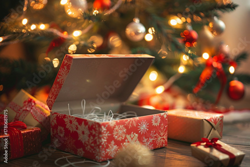 Open Christmas Gift Box Under Decorated Tree with Red-Gold Wrapping and Warm Fairy Lights