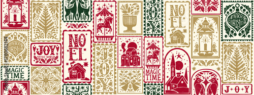 Christmas seamless pattern, 2026 New Year repeat print background, winter holiday wrapping paper. Festive hand drawn graphic wallpaper, noel traditional vintage design. Folk Christmas pattern texture