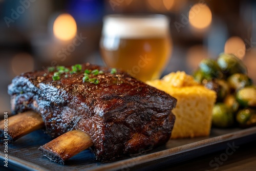 Delicious braised beef short rib on a dark plate served with cornbread and sprouts alongside beer.