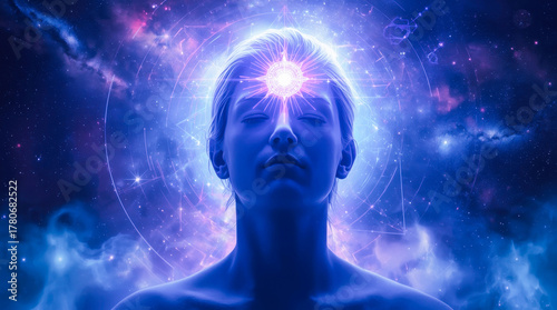 Enlightened third eye human face glowing with cosmic energy and sacred geometry.