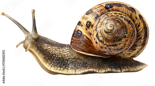 snail with spiral shell and extended antennae, slow-moving realism, isolated on white background