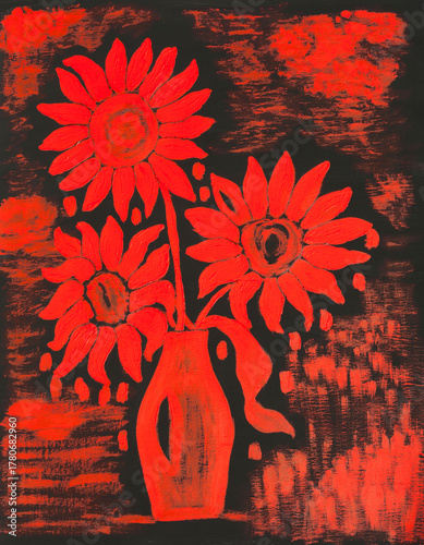 Red sunflowers acrylic painting on canvas