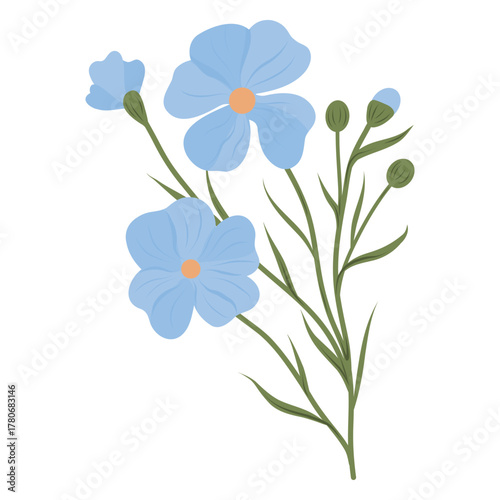 Blue Flax flower vector illustration on white background, Hand drawn Flax flower with blue buds and green leaves. 