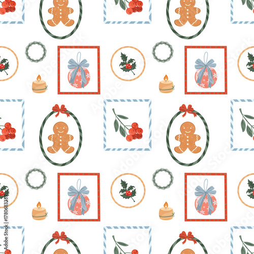 Christmas patchwork seamless pattern. Cute holiday framed repeat background. Gingerman, rowan berry, holly berry, bauble. Geometric elements, borders, frames