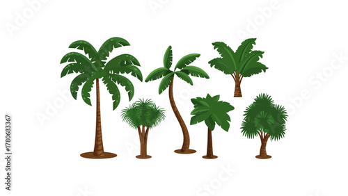 Exotic Palms in Paradise: A captivating array of stylized palm trees, each showcasing unique shapes and foliage, evokes the tranquility and charm of a tropical haven. 