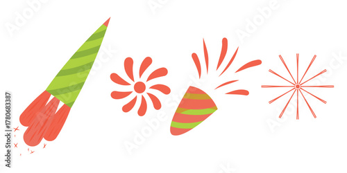 Firecracker and firework Set, Cracker Icons, Confetti Popper Set. Holiday clipart