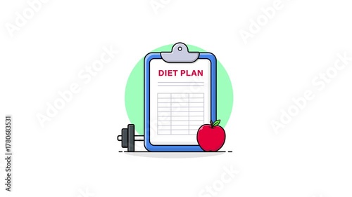 4k Clipboard with Apple and Dumbbell. Diet Plan Concept Animation Video