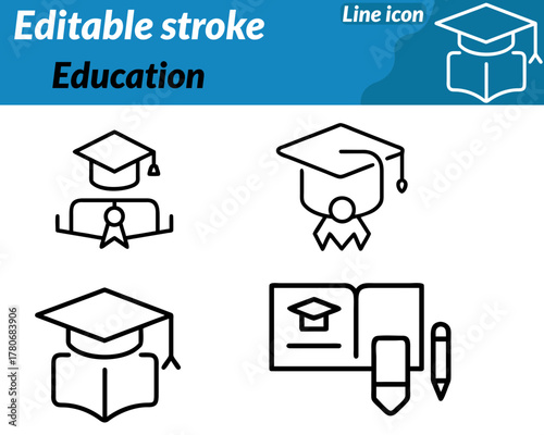 A modern education icon featuring an open book graduation cap and pencil. Symbolizing knowledge study and achievement. The design represents schools universities and online learning platforms.