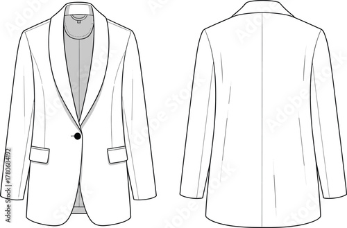 Tailored blazer illustration, fashion sketch, technical garment drawing, front and back view, single-button jacket, notched lapel, flap pockets, fitted design