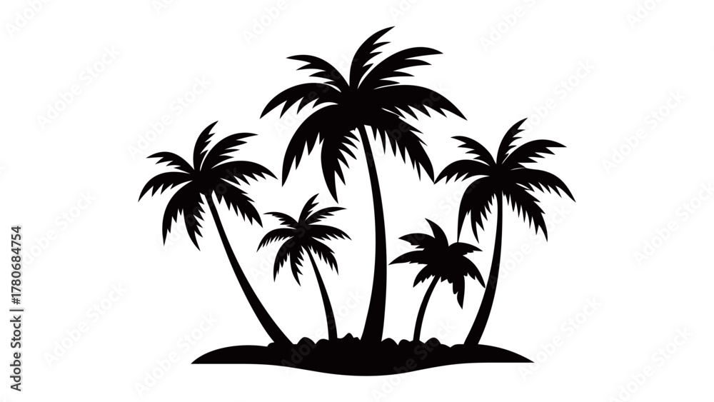 Fototapeta premium Silhouette of Paradise: This silhouette showcases the idyllic beauty of nature, featuring a cluster of palm trees in a serene setting, evoking a sense of tranquility.