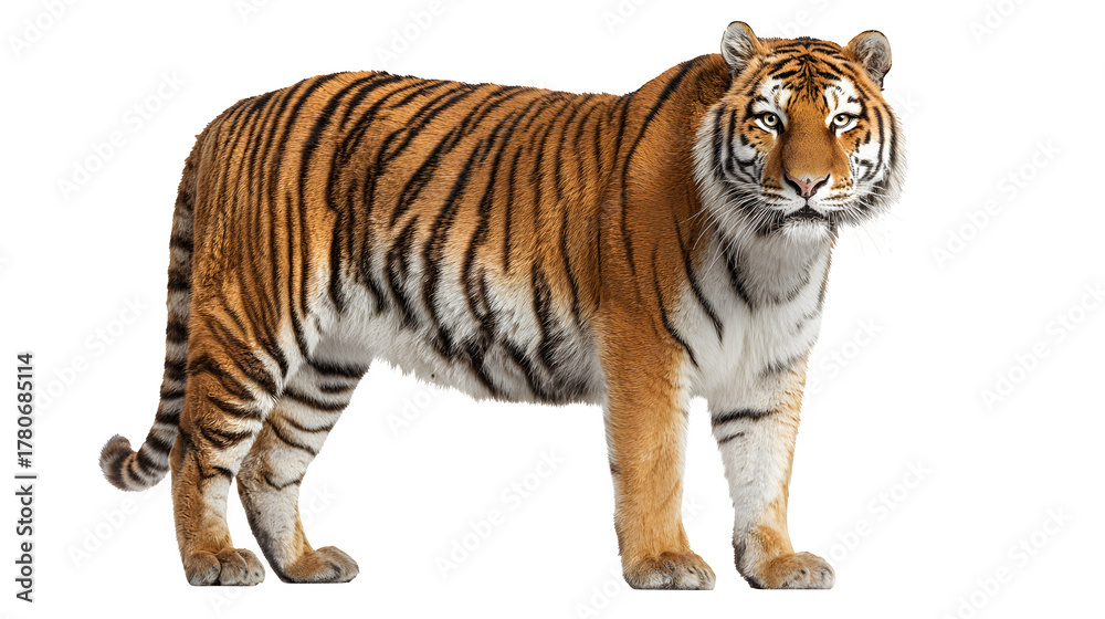 Obraz premium tiger standing alert, muscular build and striped fur, studio wildlife portrait, isolated on white background