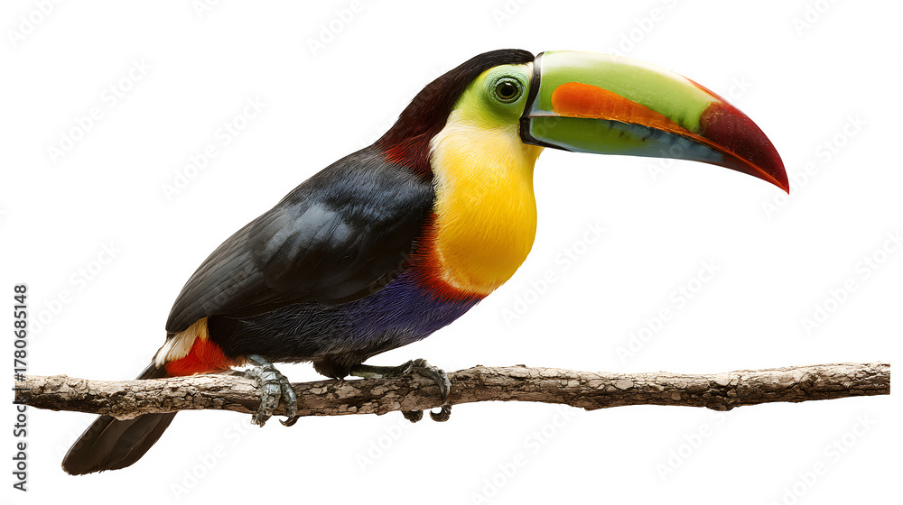 Fototapeta premium toucan bird perched, colorful beak, isolated on white background