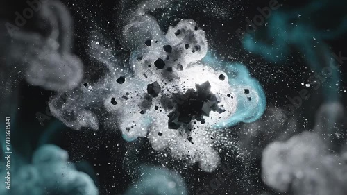 black artistic - A mesmerizing depiction of swirling particles and clouds in shades of black, white, and aqua, creating a cosmic explosion effect against a dark background