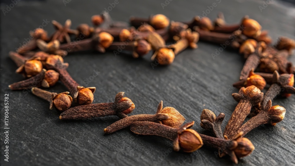 Fototapeta premium Dried cloves arranged in circular pattern on dark surface