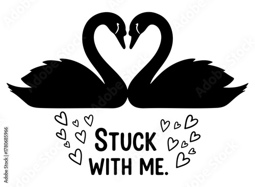 Elegant black swans forming a heartfelt connection, symbolizing enduring love and commitment in a charming graphic design