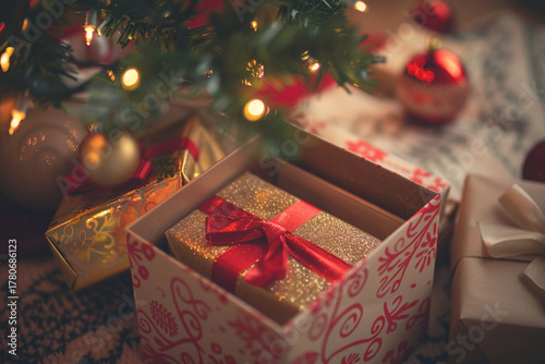 Open Christmas Gift Box Under Decorated Tree with Red-Gold Wrapping and Warm Fairy Lights