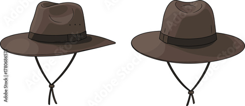 Brown wide-brimmed outdoor hats, cowboy style, chin strap, black band, front and rear view, fashion accessory, rustic, adventure gear