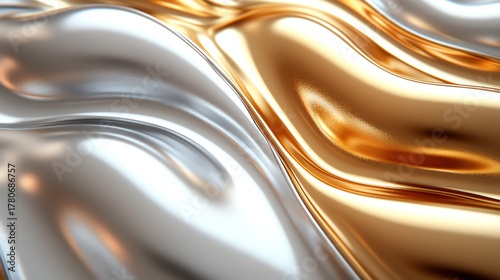 An abstract background of melting liquid with a metallic sheen, gold and grey colors, reflective studio light.