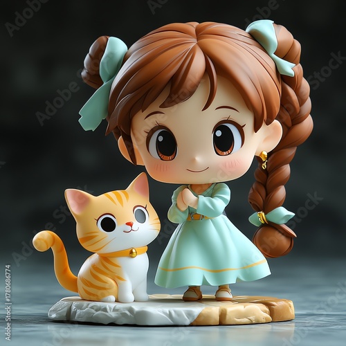 A cute claymation little girl with a cat 