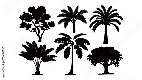 Silhouette trees set: Captivating collection of stylized trees silhouetted against a plain backdrop, offering a unique blend of elegance and simplicity. A versatile option for design and composition