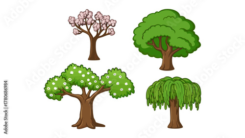 Diversity of Tree: A vibrant illustration showcasing four unique trees, each with its distinctive foliage and form. They stand as a testament to the beautiful variety of nature.