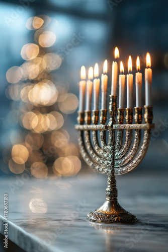hanukkah menorah with burning candles on marble table symbolizing jewish faith tradition and celebration of light during winter evening