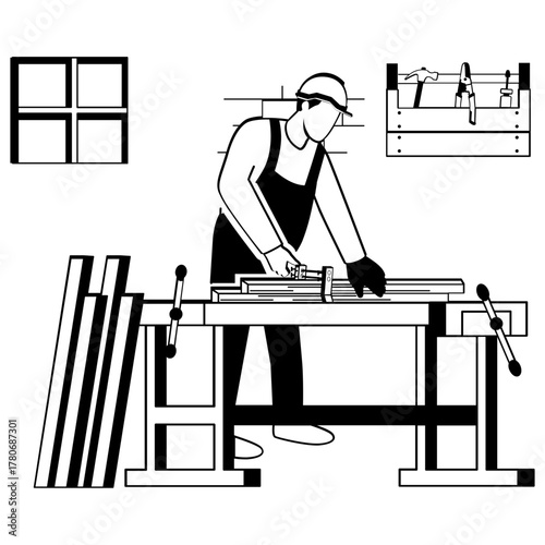 Tableau sur toile worker performing panel alignment and fastening vector design, carpenters banner