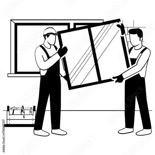 Glazier holding and moving out damaged windows vector design, carpenters banner, woodworker scene, tradesperson and craftsmen illustration, Two workers are installing large glass window frame concept