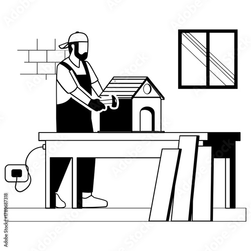 Hobbyist building miniature houses vector design, carpenters banner, woodworker scene, Aesthetic and Display Showcasing use illustration, craftperson making pre-constructed wooden model house concept