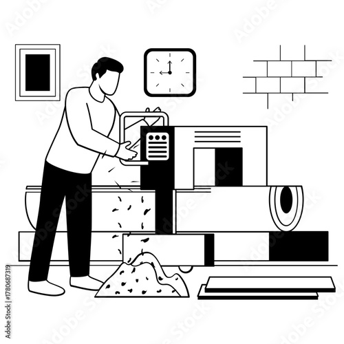 processing Logs into lumber at sawmill vector design, carpenters banner, woodworker scene, tradesperson and craftsmen illustration, Worker operating wood-cutting machine by feeding large log concept